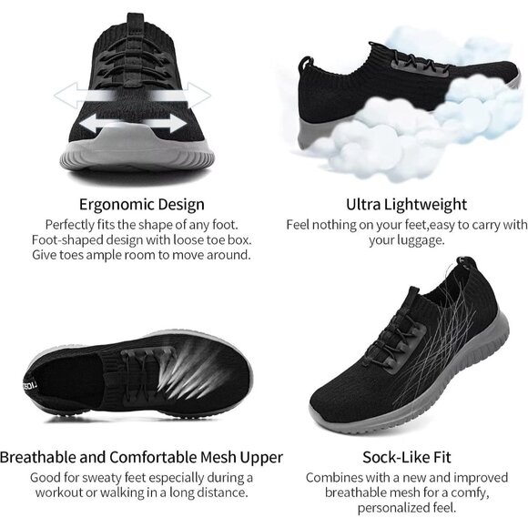 Tiosebon Womens Black Slip On Walking Lightweight Running Memory Foam Sneakers - Picture 5 of 7